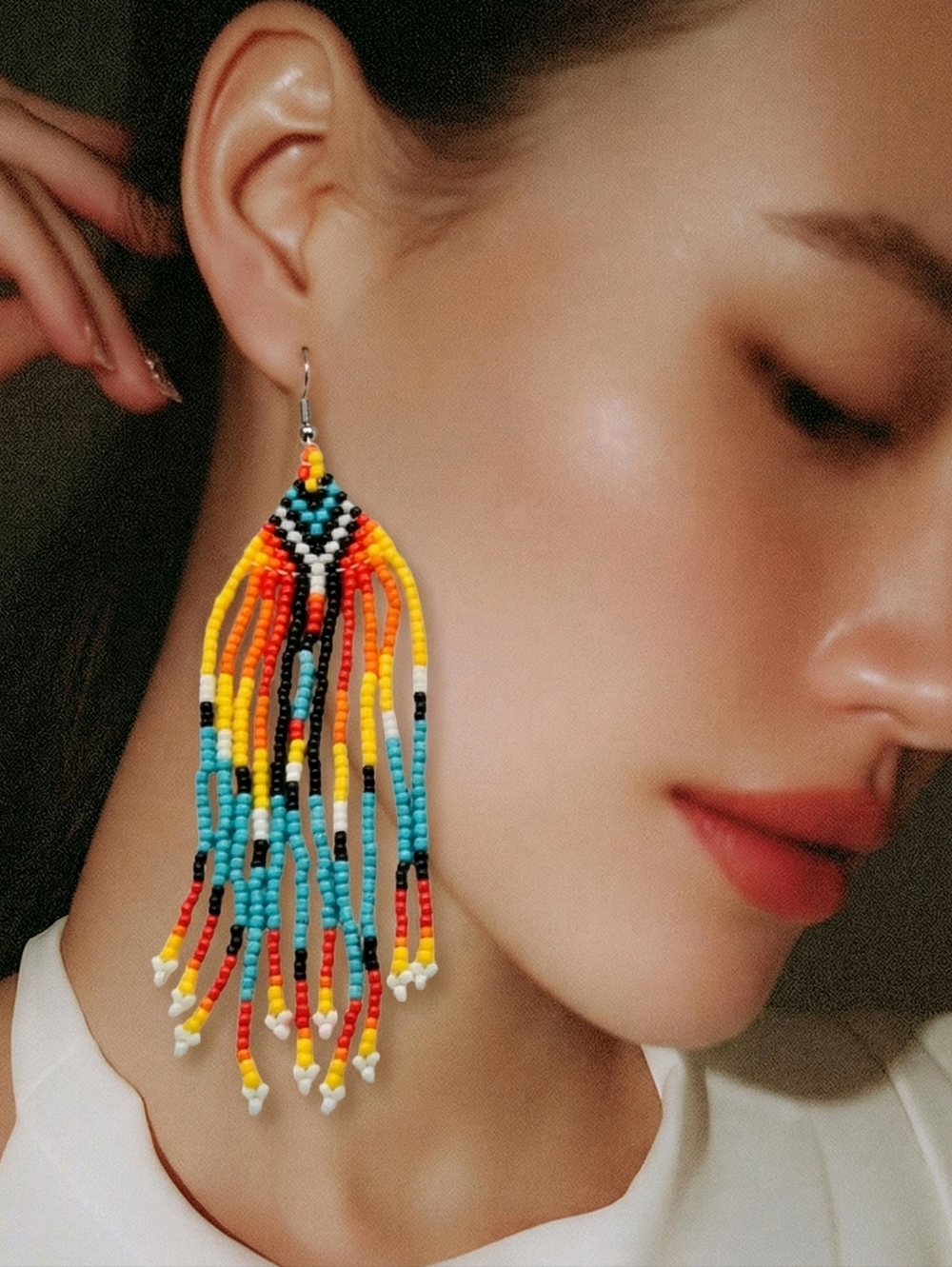 Orange Aztec Seed Bead Boho Dangle Earrings Tribal Native Jewelry Western Beaded
